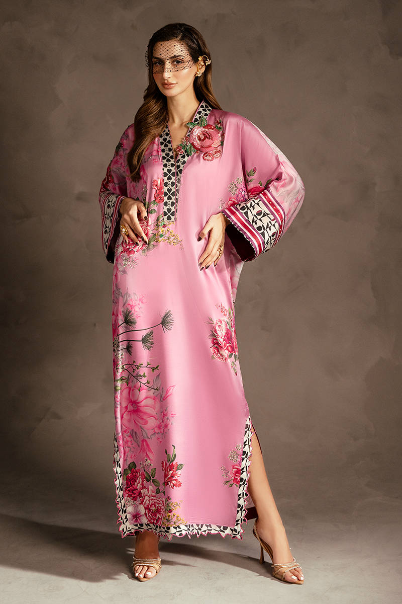 Soft Pink Printed Charmeuse Silk Kaftan (1-Pc) - Image 1