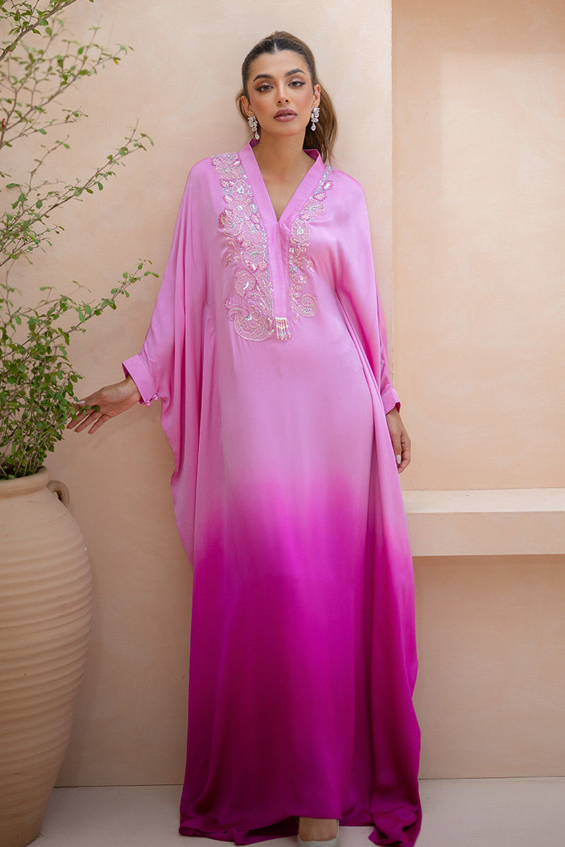 Pakistani Fuchsia Pink Embroidered Charmeuse Silk Kaftan (1-Pc) - Image 1