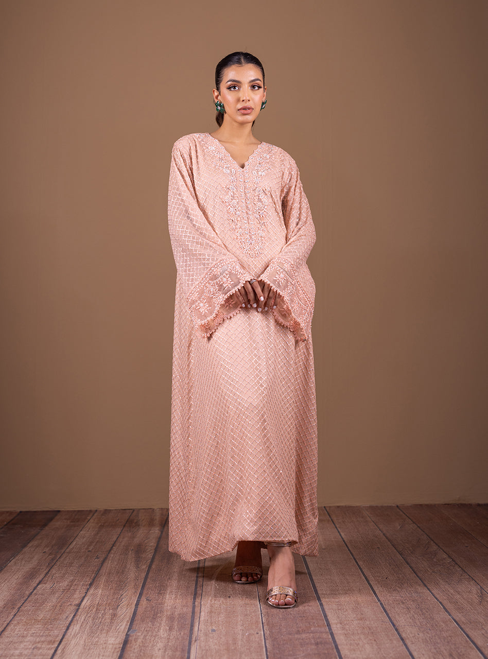 Pakistani Nude Pink Embroidered Chiffon Kaftan (2-Piece) - Image 1