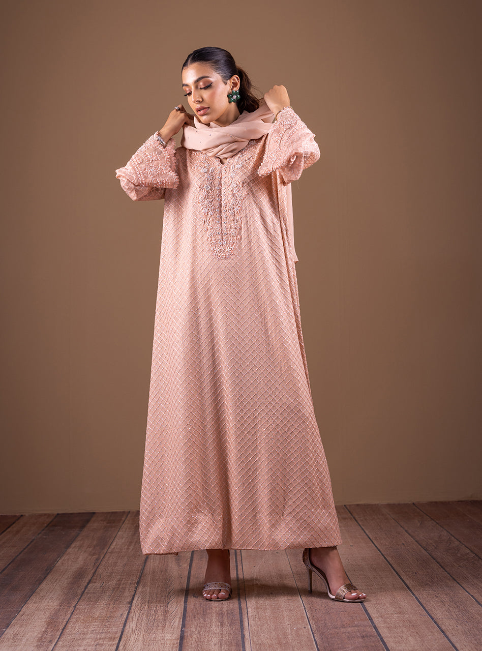Pakistani Nude Pink Embroidered Chiffon Kaftan (2-Piece) - Image 2