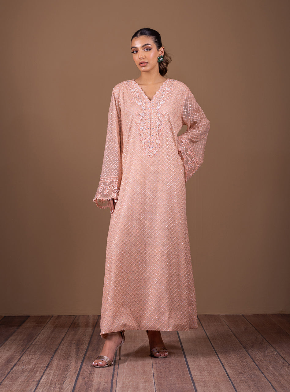 Pakistani Nude Pink Embroidered Chiffon Kaftan (2-Piece) - Image 3