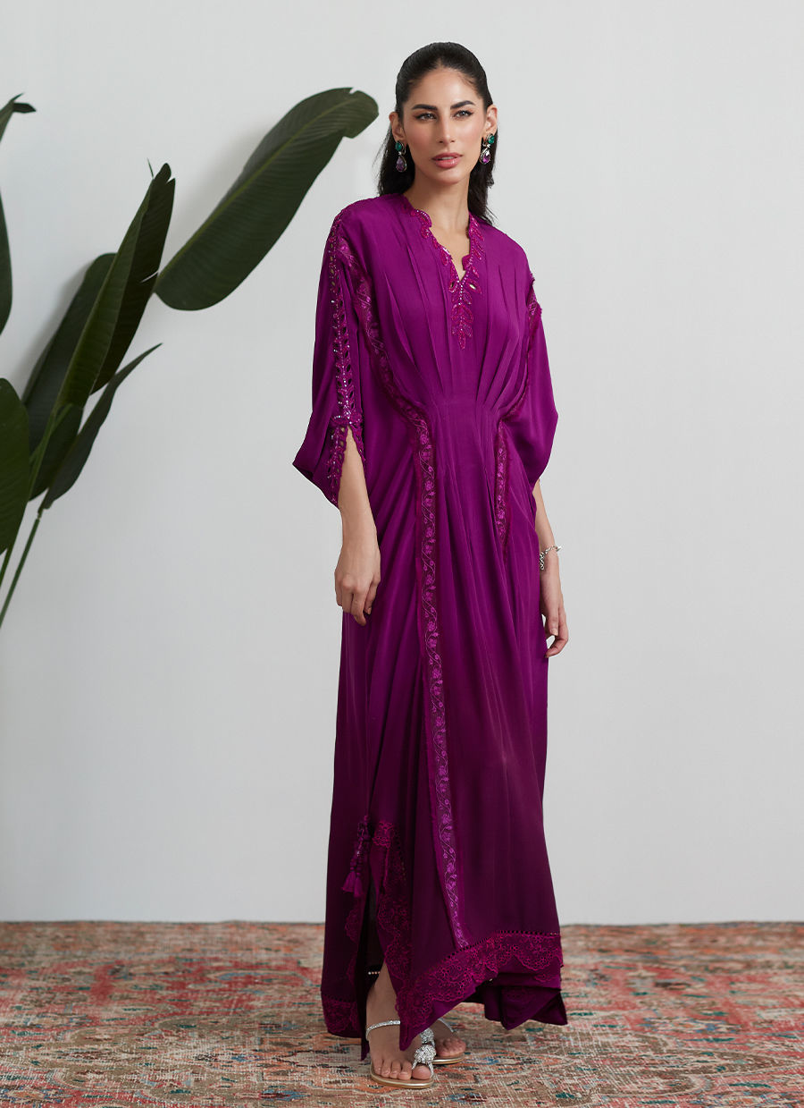 Magenta Ombre Embroidered Crepe Kaftan (1-Pc) - Image 2