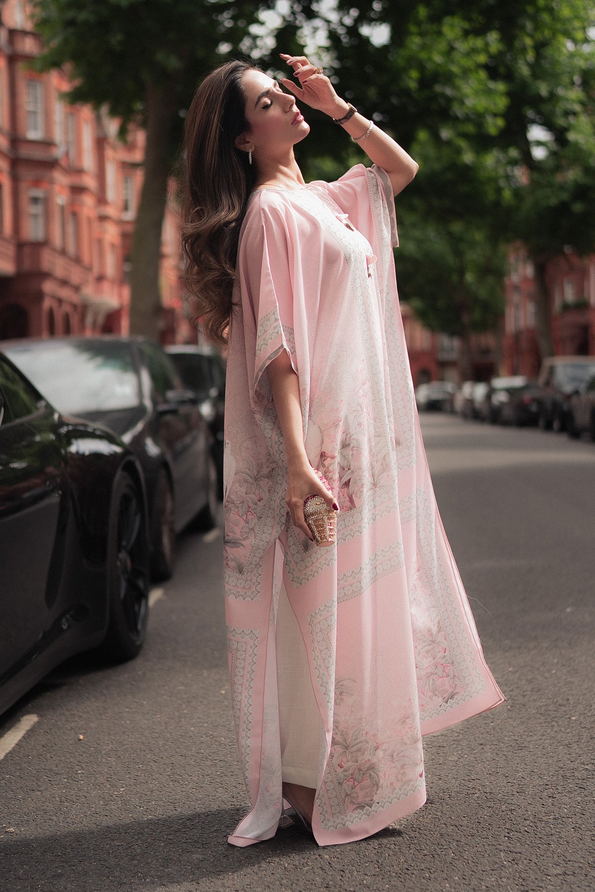 Pakistani Powder Pink Botanical Print Georgette Kaftan (1-Pc) - Image 1