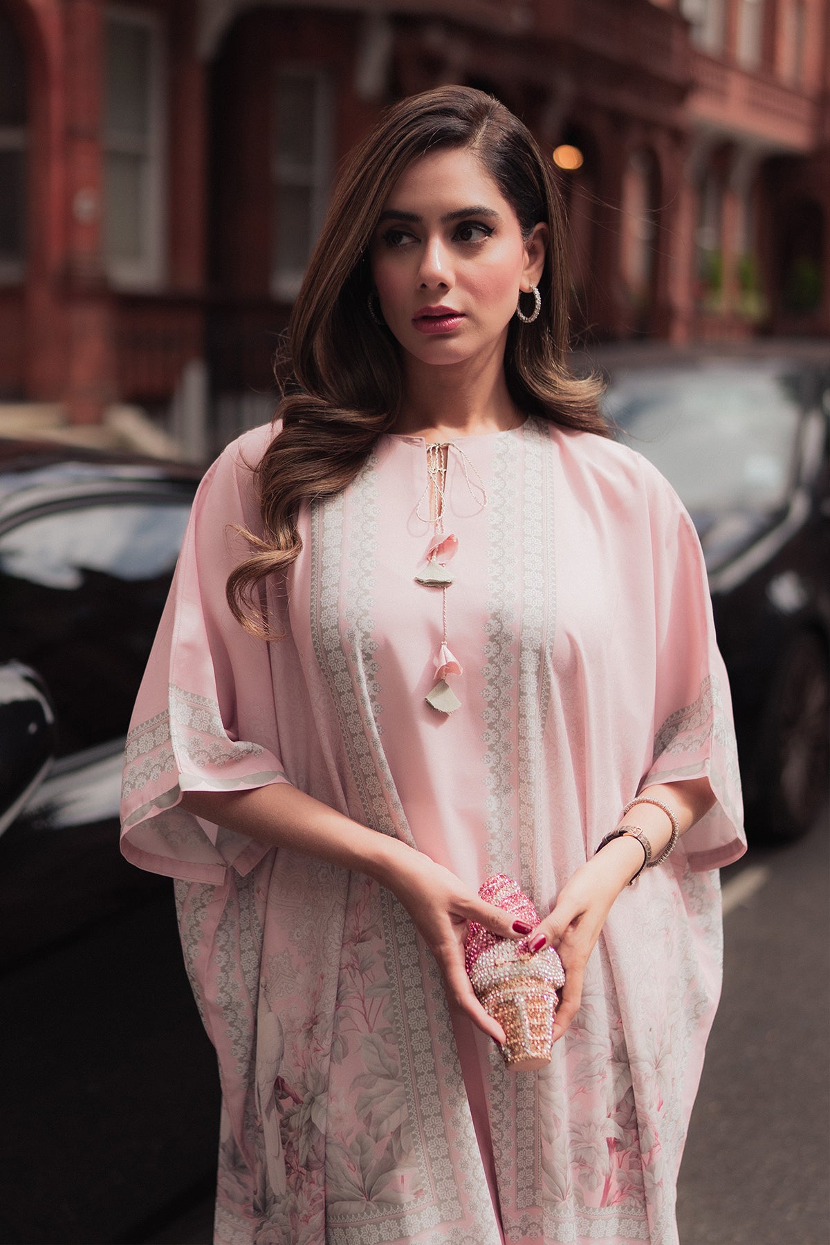 Pakistani Powder Pink Botanical Print Georgette Kaftan (1-Pc) - Image 2