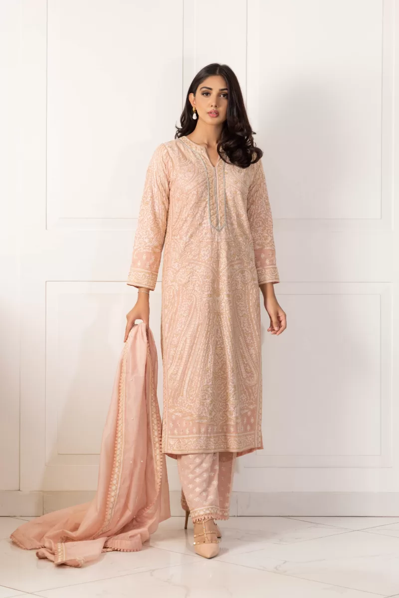 Pakistani Tea Pink Embroidered Kaftan 3-Piece Set - Image 1