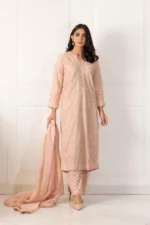 Pakistani Tea Pink Embroidered Kaftan 3-Piece Set - Image 2