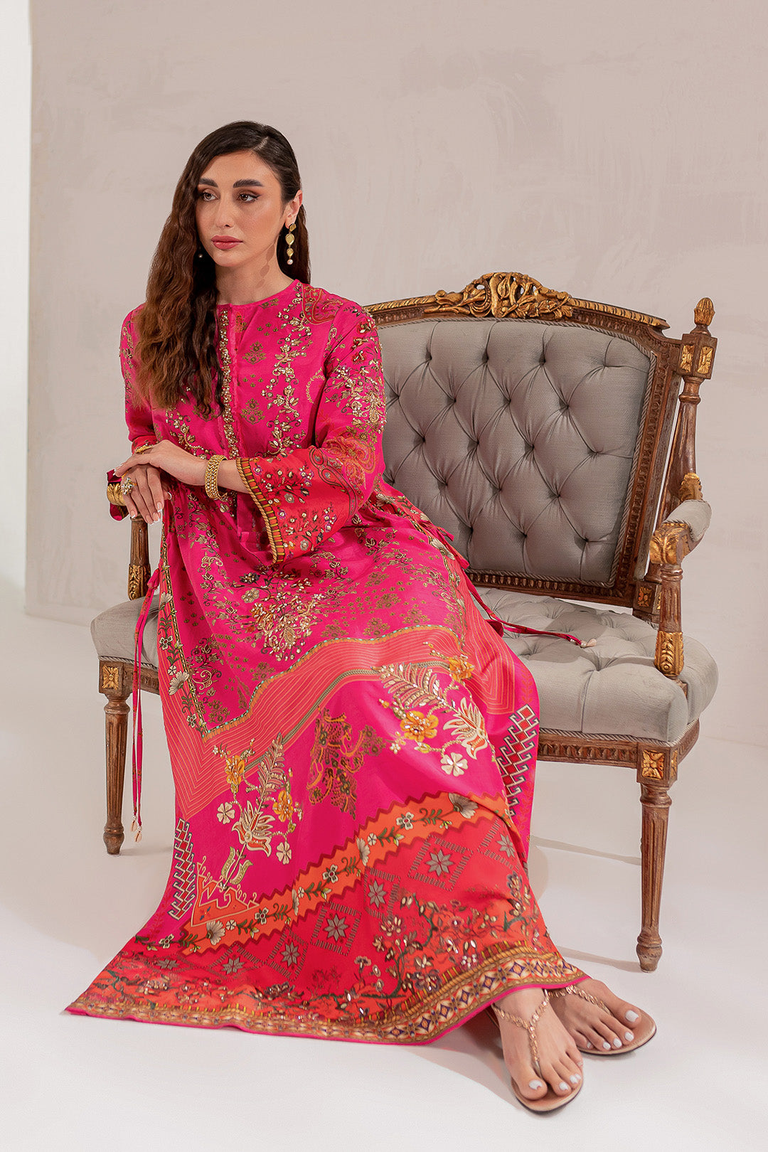 Hot Pink Hand Embellished Korean Raw Silk Kaftan (2-Piece) - Image 3