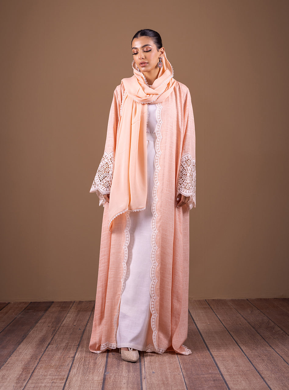 Pakistani Peach Cutwork Irish Linen Kaftan Set (3-Piece) - Image 1