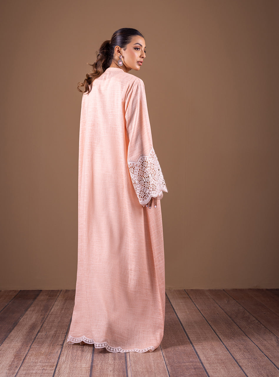 Pakistani Peach Cutwork Irish Linen Kaftan Set (3-Piece) - Image 2