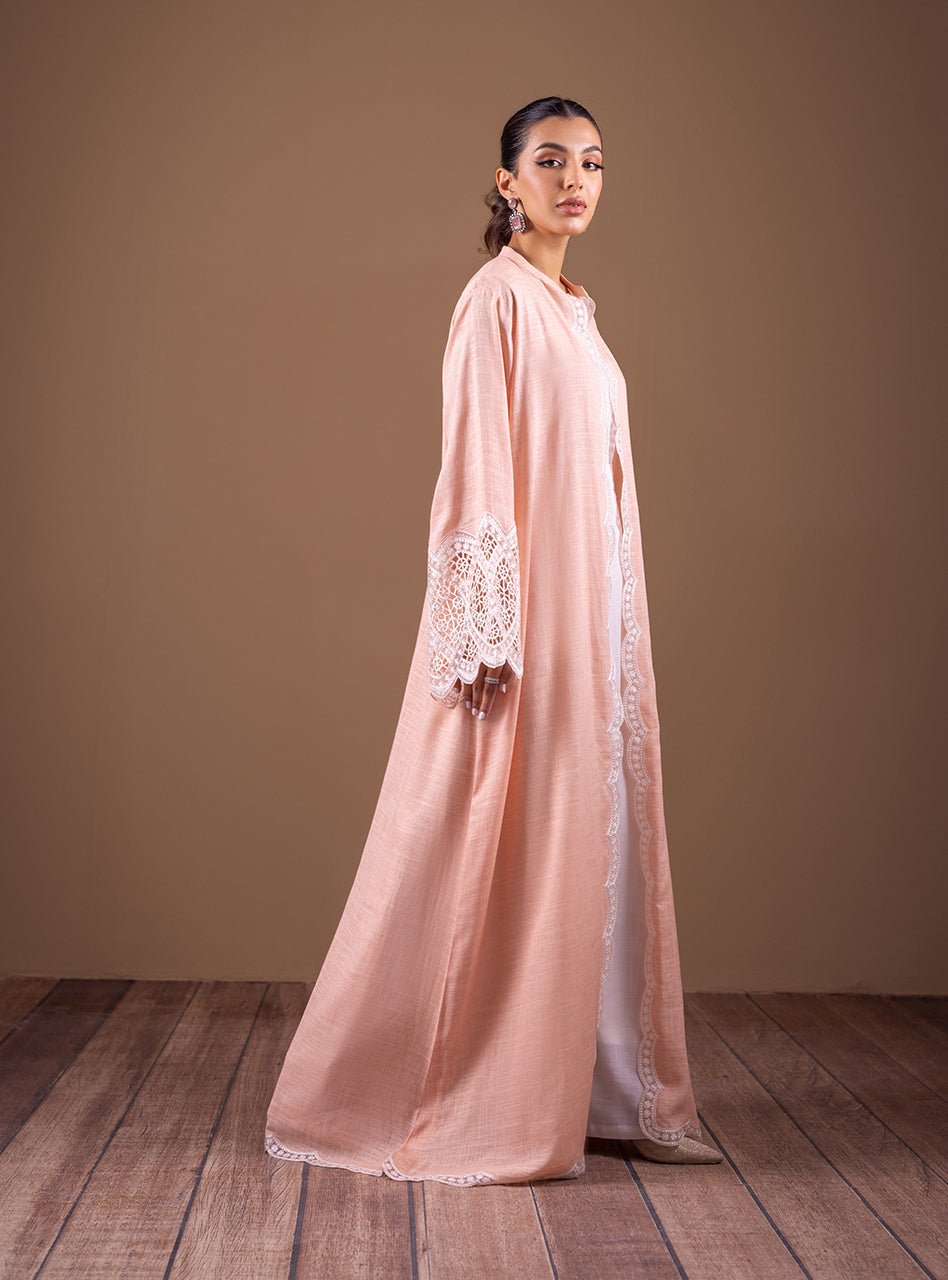 Pakistani Peach Cutwork Irish Linen Kaftan Set (3-Piece) - Image 4