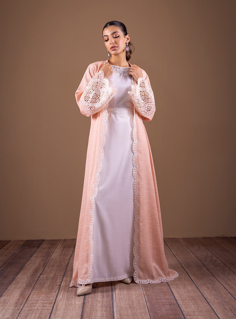 Pakistani Peach Cutwork Irish Linen Kaftan Set (3-Piece) - Image 6