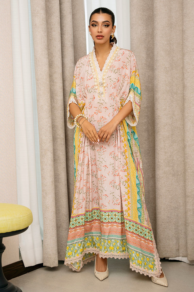 Pakistani Pink Floral Printed Pure Crepe Kaftan (1-Pc) - Image 1