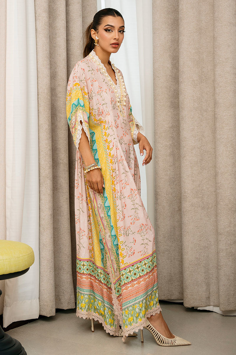 Pakistani Pink Floral Printed Pure Crepe Kaftan (1-Pc) - Image 4