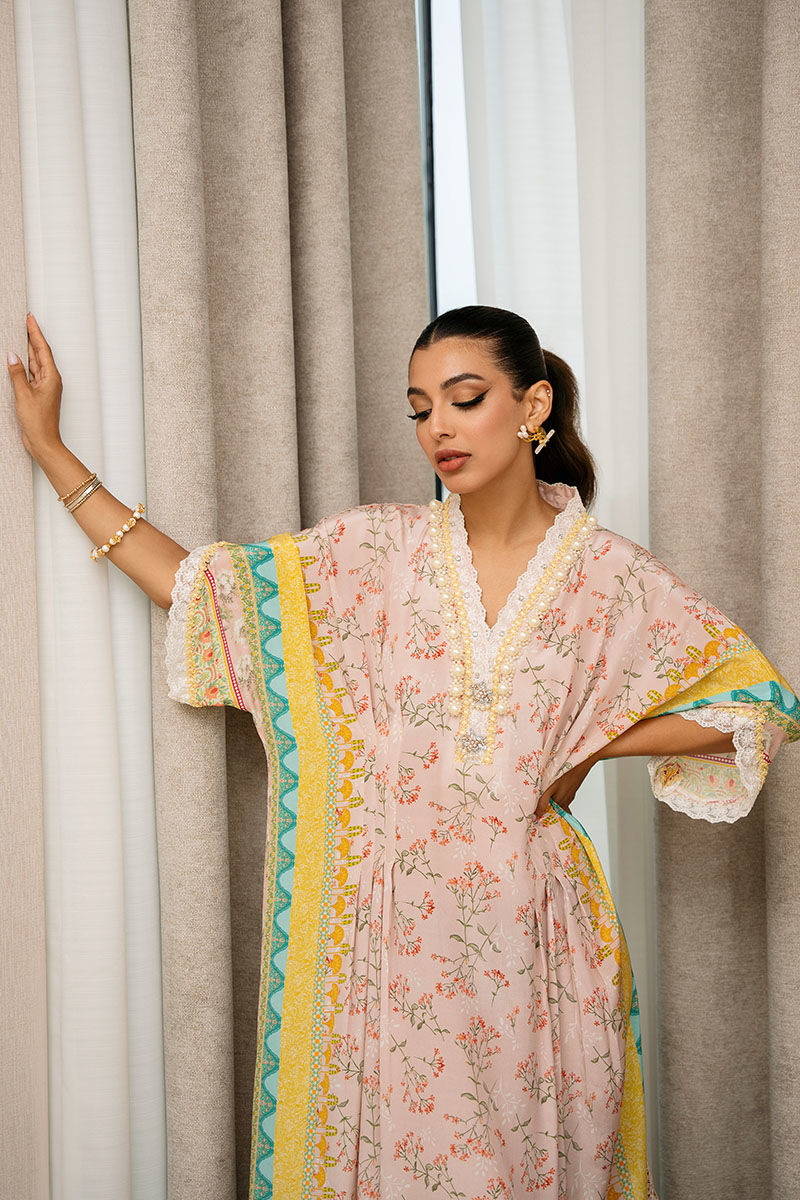 Pakistani Pink Floral Printed Pure Crepe Kaftan (1-Pc) - Image 6