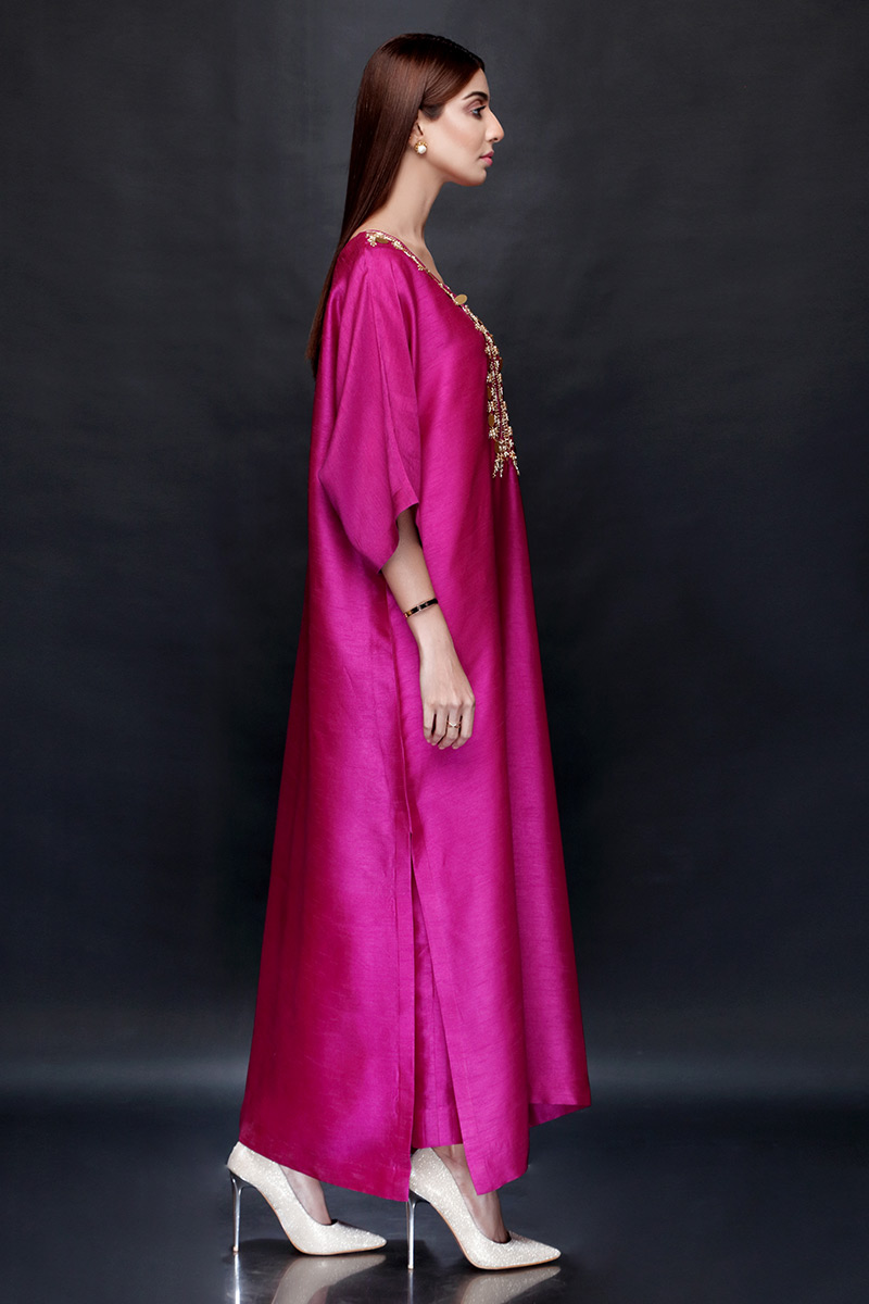 Magenta Hand-Embellished Raw Silk Kaftan (2-Piece) - Image 2