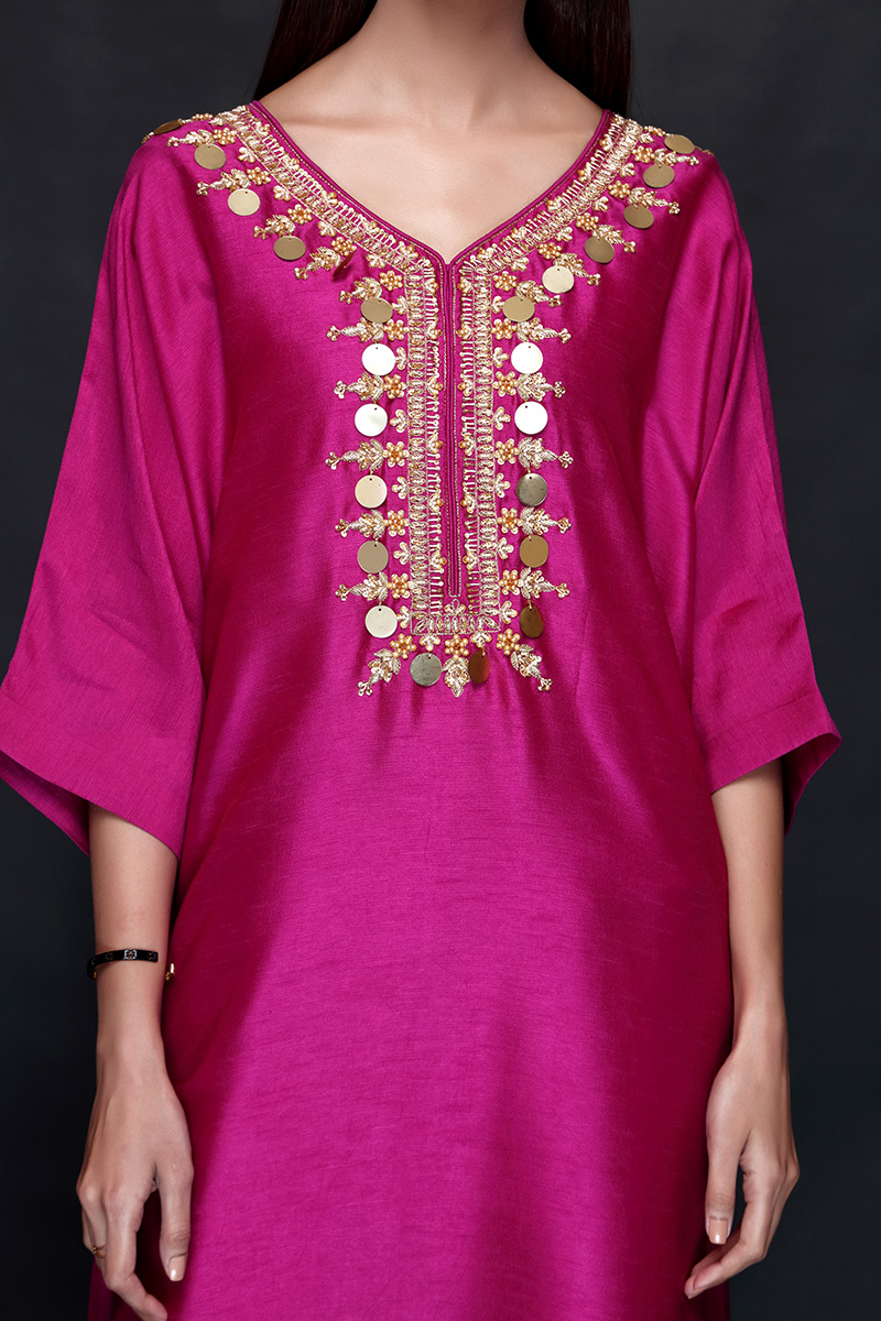 Magenta Hand-Embellished Raw Silk Kaftan (2-Piece) - Image 3