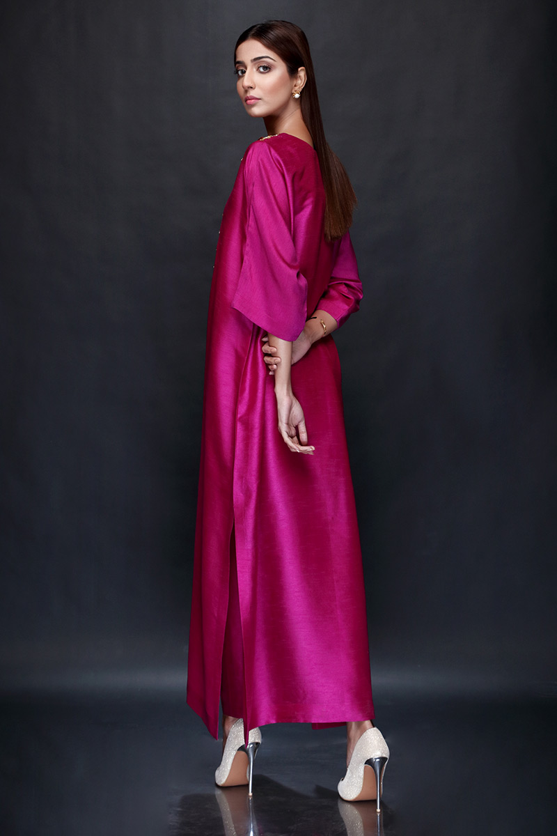 Magenta Hand-Embellished Raw Silk Kaftan (2-Piece) - Image 4