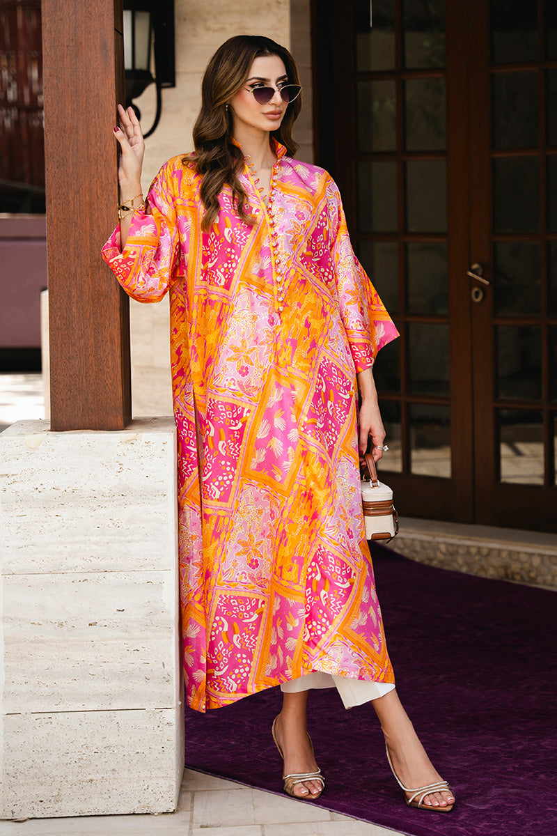 Pink Orange Printed Raw Silk Kaftan (1-Pc) - Image 1