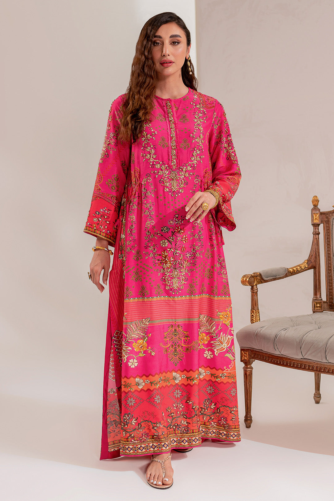 Hot Pink Hand Embellished Korean Raw Silk Kaftan (2-Piece) - Image 1
