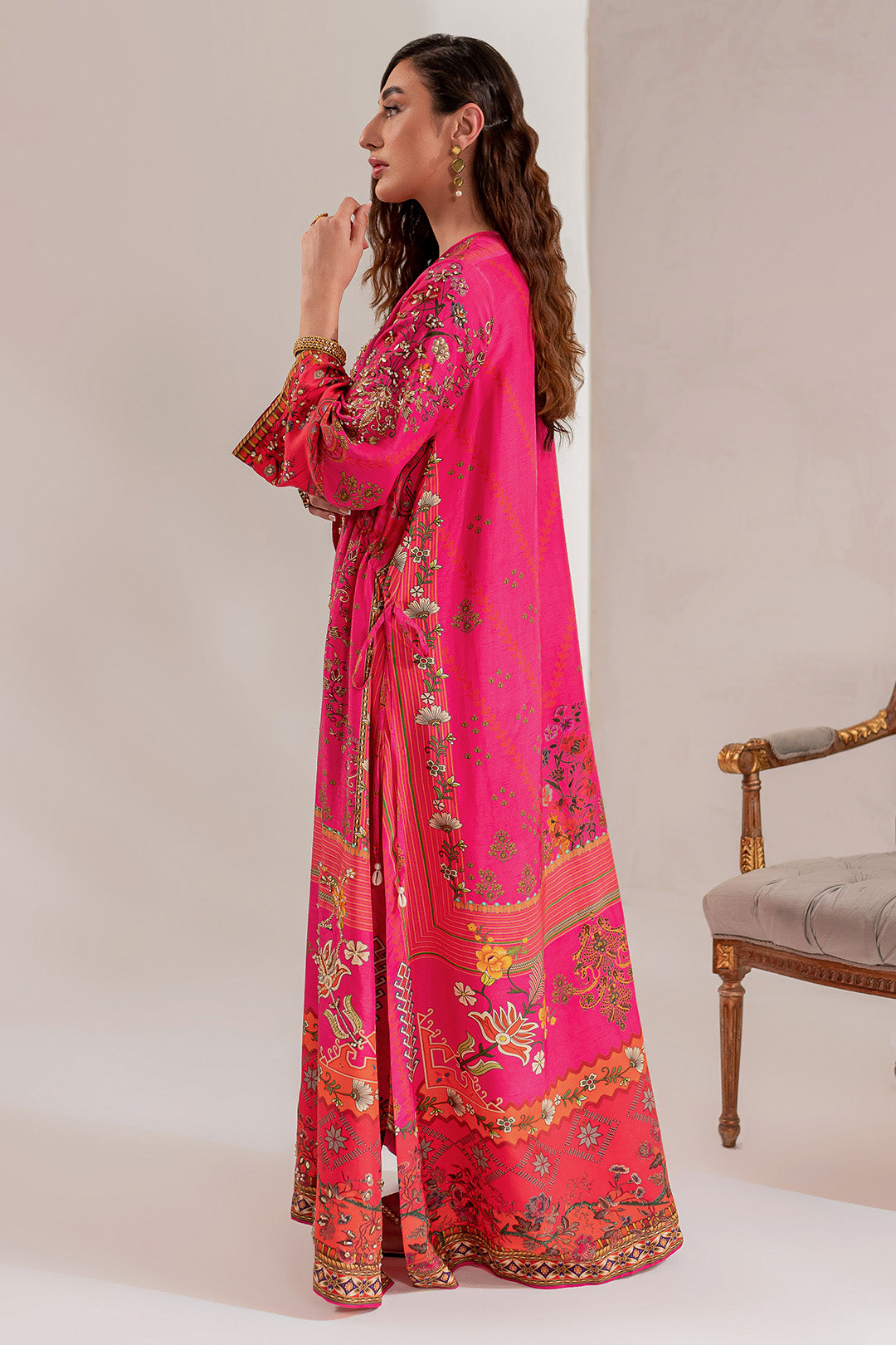 Hot Pink Hand Embellished Korean Raw Silk Kaftan (2-Piece) - Image 2