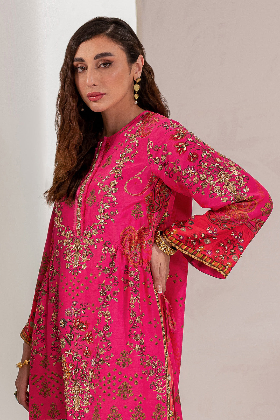 Hot Pink Hand Embellished Korean Raw Silk Kaftan (2-Piece) - Image 4