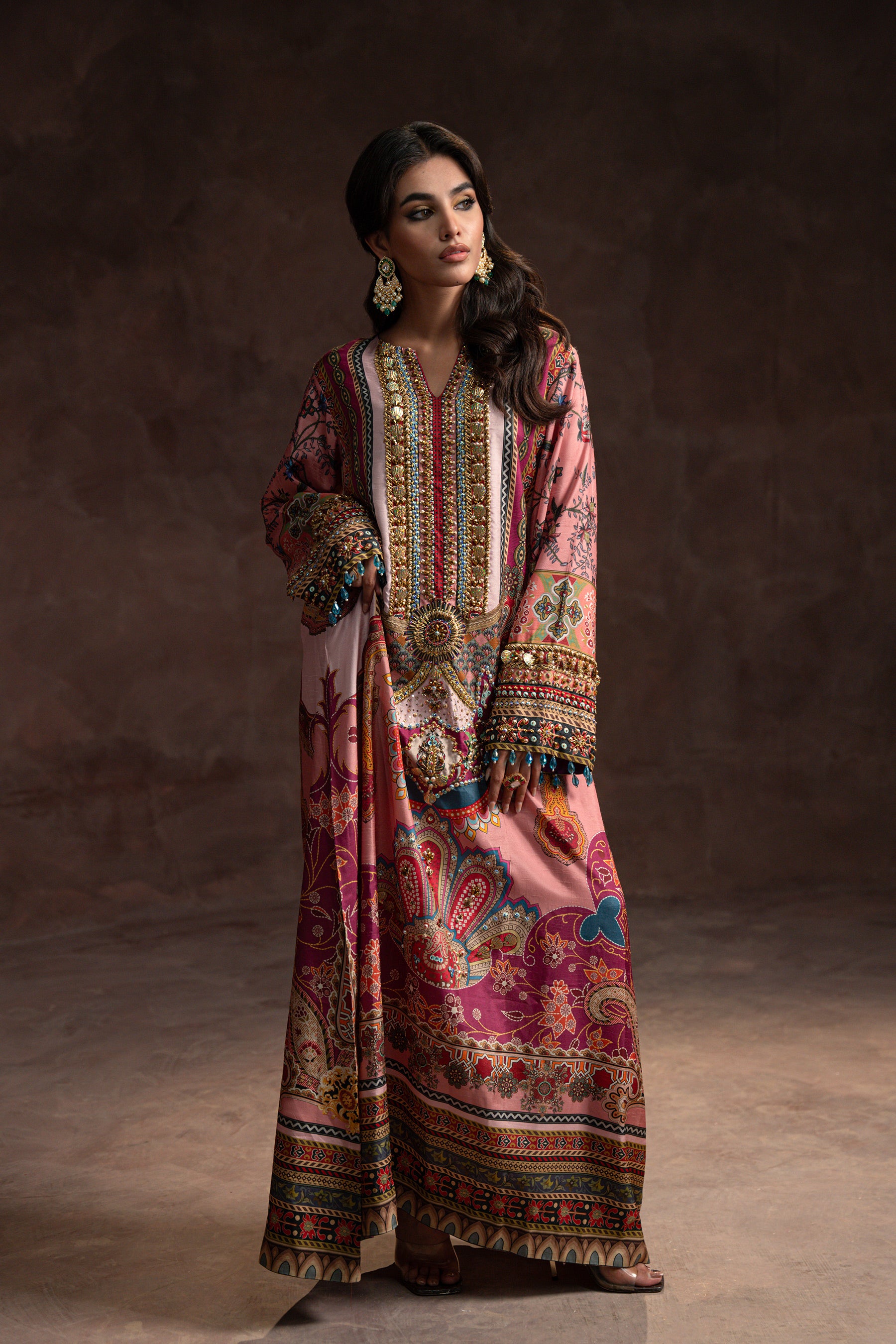 Pakistani Dusty Pink Hand-Embellished Raw Silk Kaftan (2-Piece) - Image 3