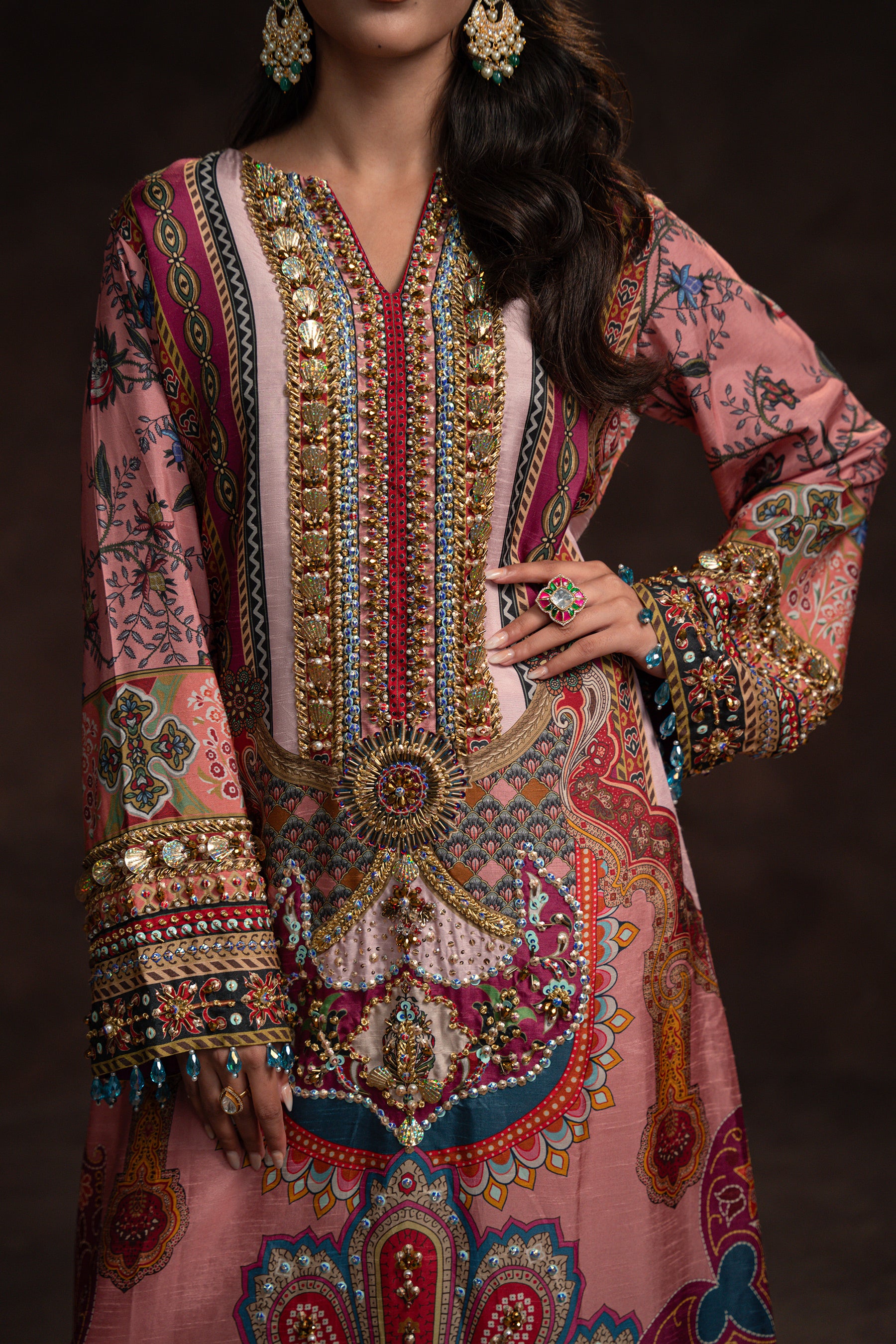 Pakistani Dusty Pink Hand-Embellished Raw Silk Kaftan (2-Piece) - Image 5