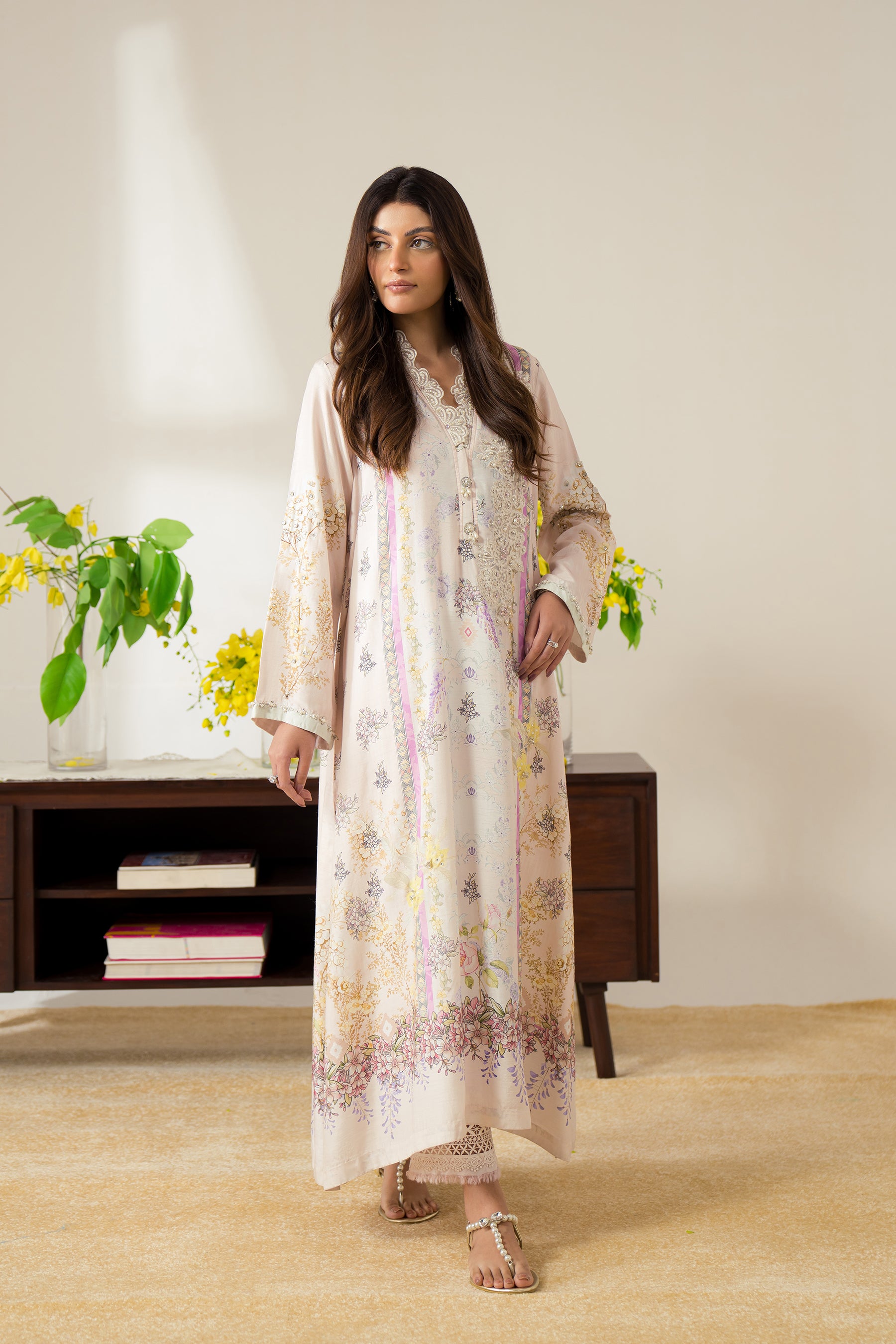 Pastel Pink Hand-Embellished Silk Kaftan Set (2-Piece) - Image 1