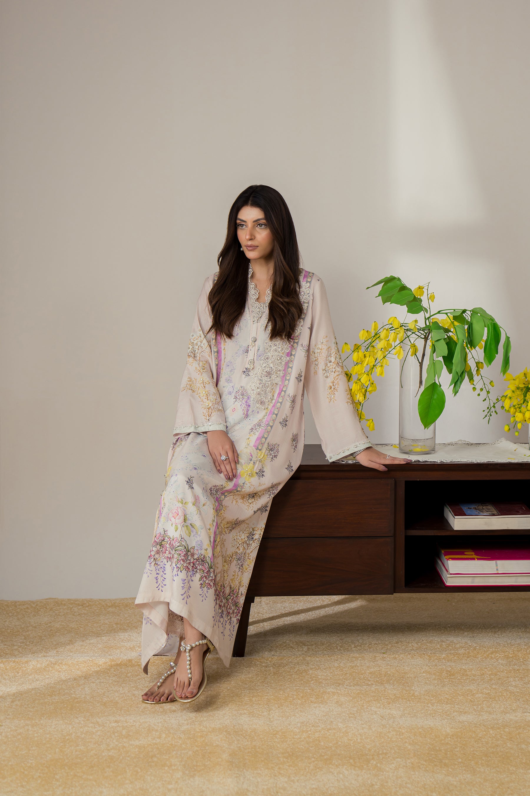 Pastel Pink Hand-Embellished Silk Kaftan Set (2-Piece) - Image 3