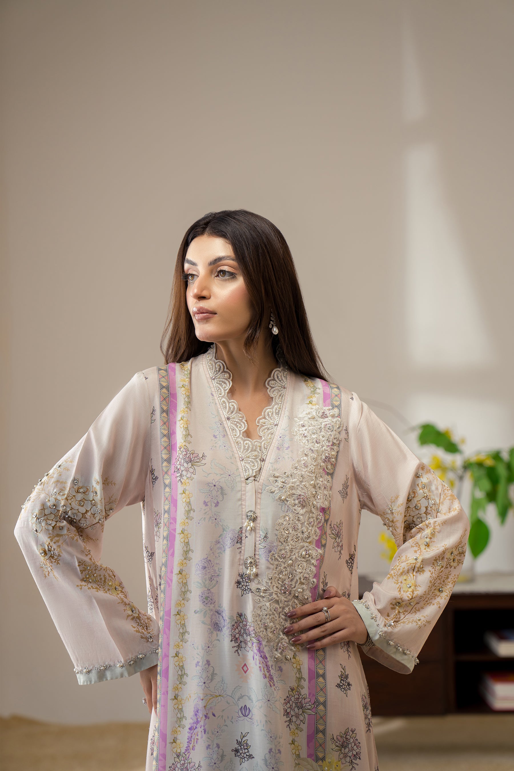 Pastel Pink Hand-Embellished Silk Kaftan Set (2-Piece) - Image 4