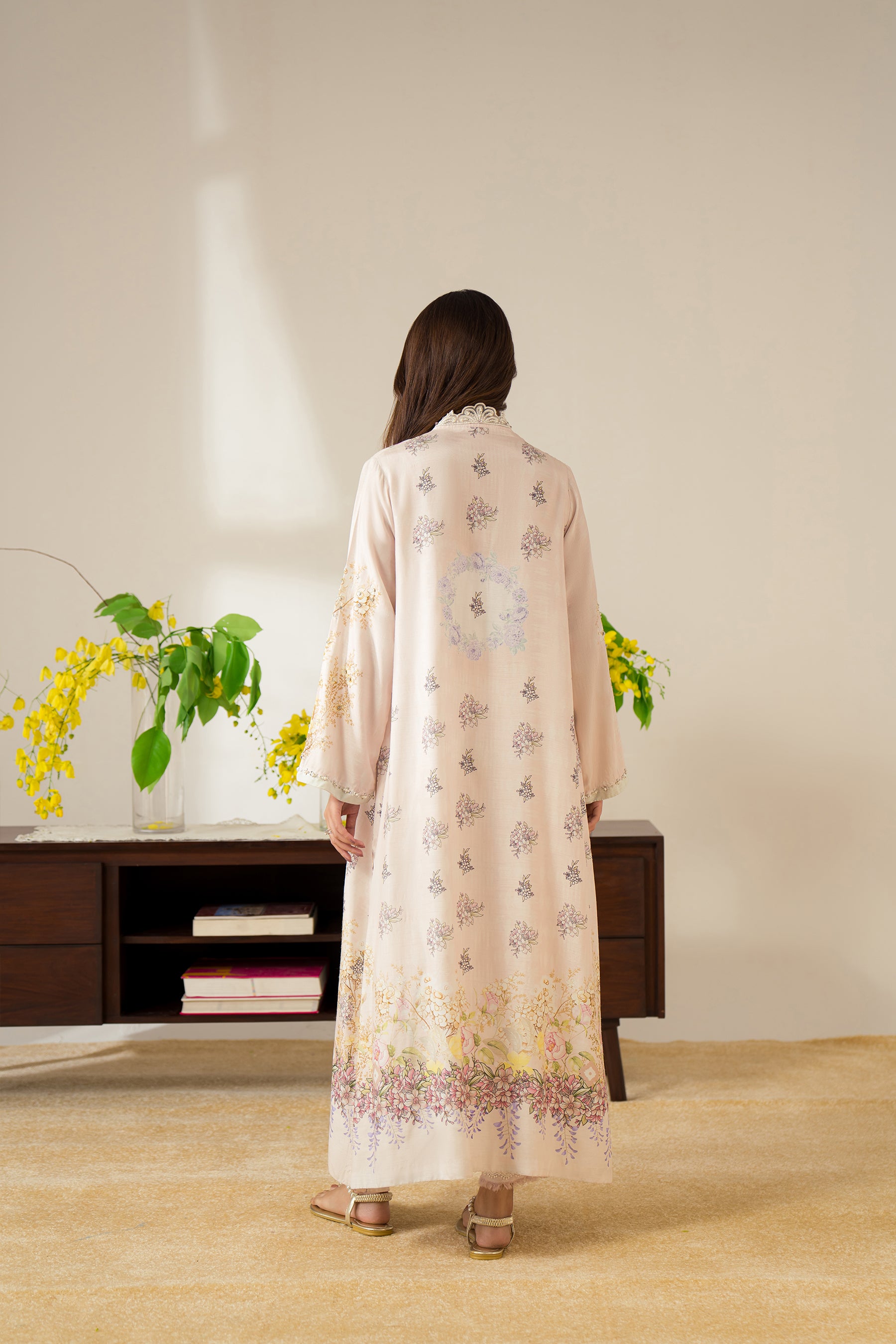 Pastel Pink Hand-Embellished Silk Kaftan Set (2-Piece) - Image 2