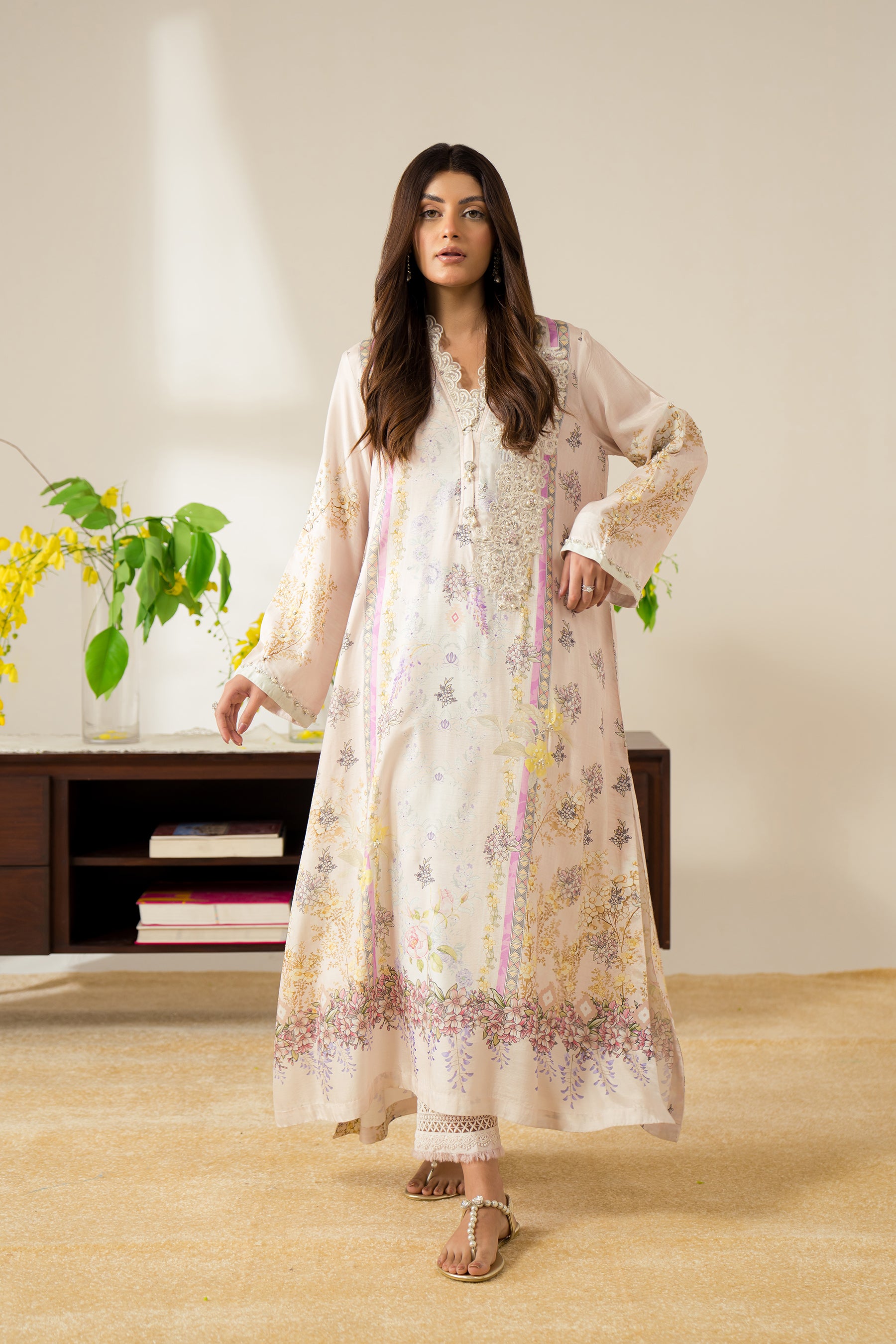 Pastel Pink Hand-Embellished Silk Kaftan Set (2-Piece) - Image 5