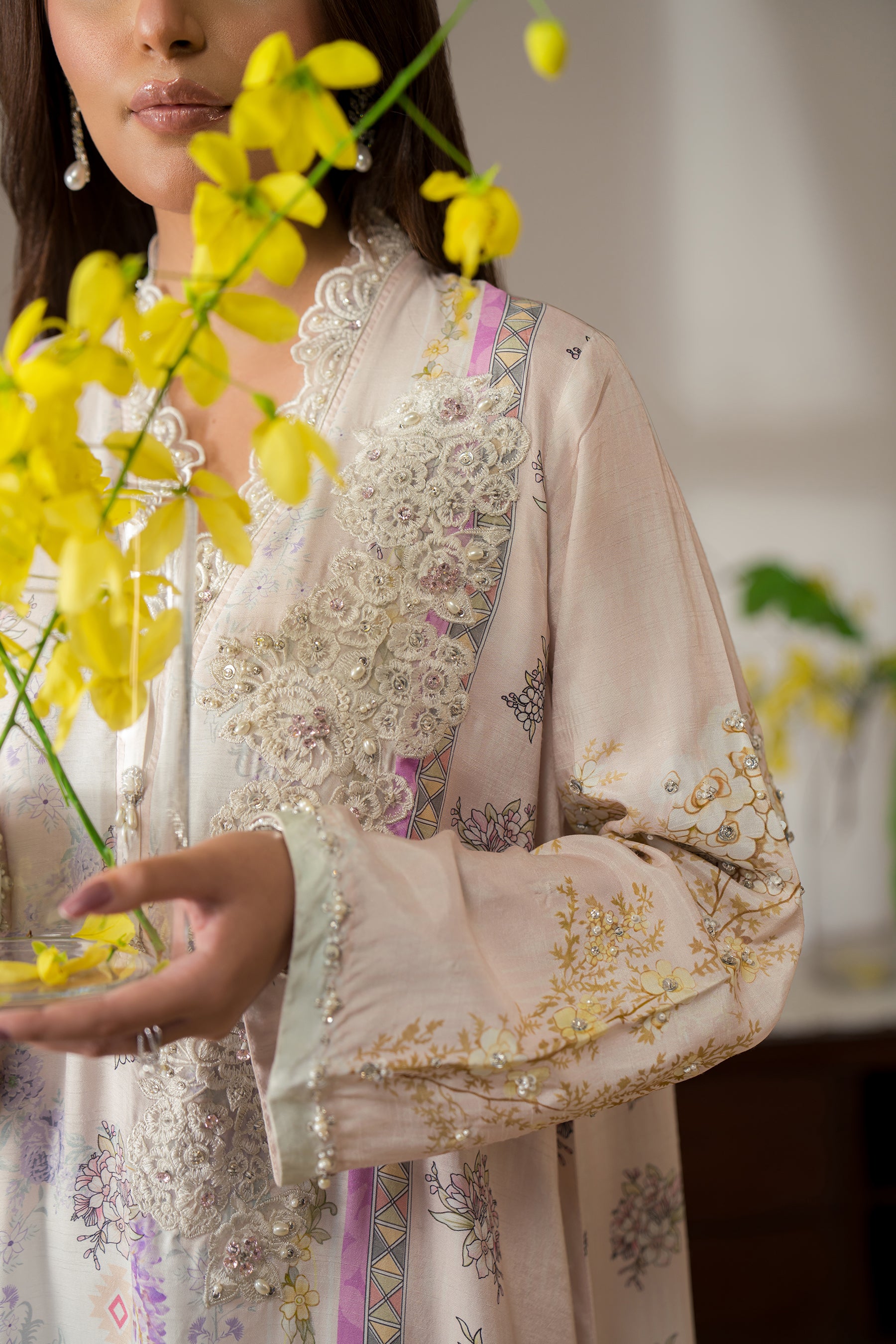 Pastel Pink Hand-Embellished Silk Kaftan Set (2-Piece) - Image 6