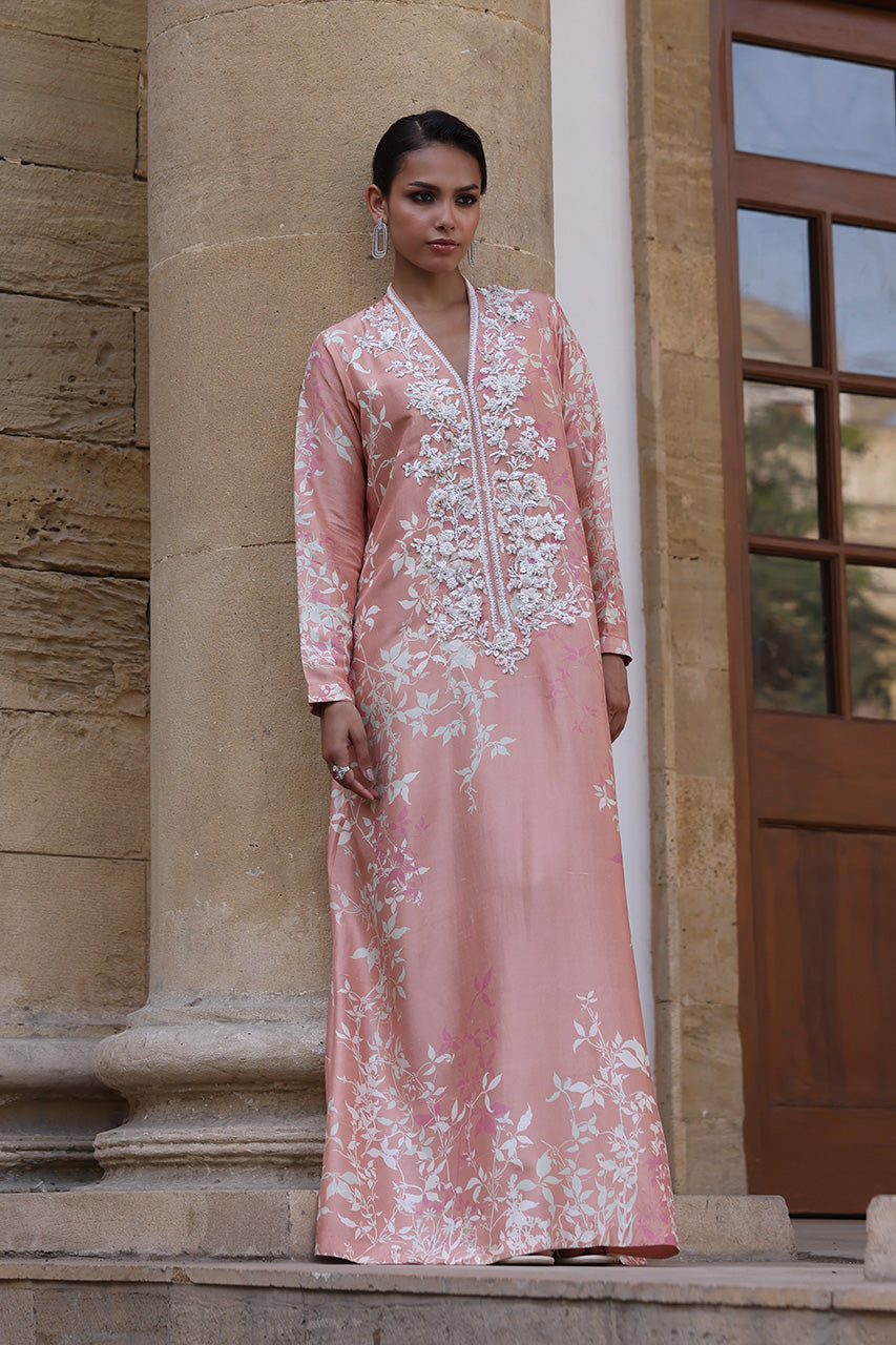 Pakistani Peach Embellished Raw Silk Kaftan (2-Piece) - Image 1