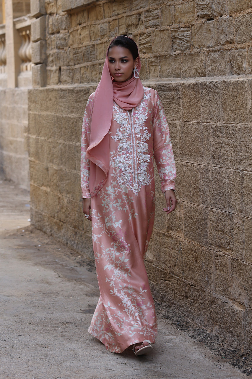 Pakistani Peach Embellished Raw Silk Kaftan (2-Piece) - Image 3