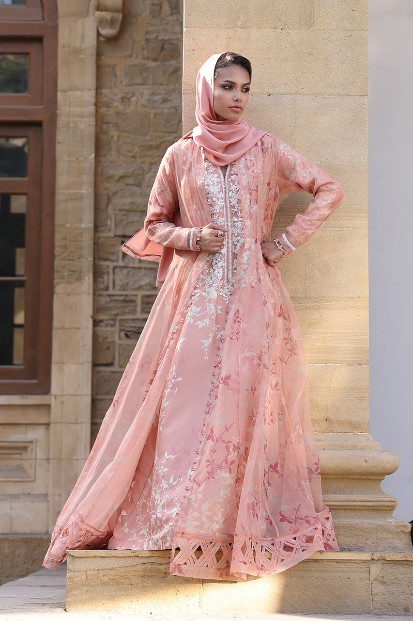 Pakistani Peach Embellished Raw Silk Kaftan (2-Piece) - Image 4
