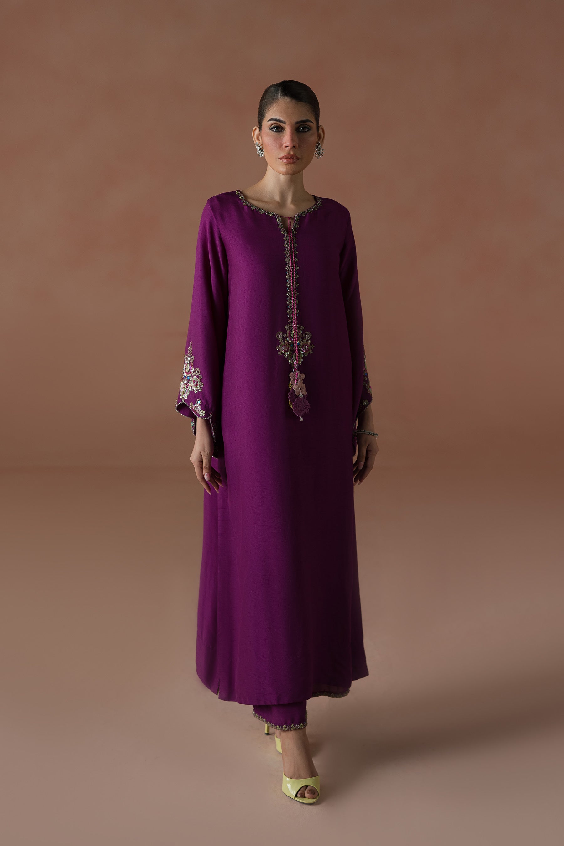Magenta Hand Embellished Blended Raw Silk Kaftan (2-Piece) - Image 3