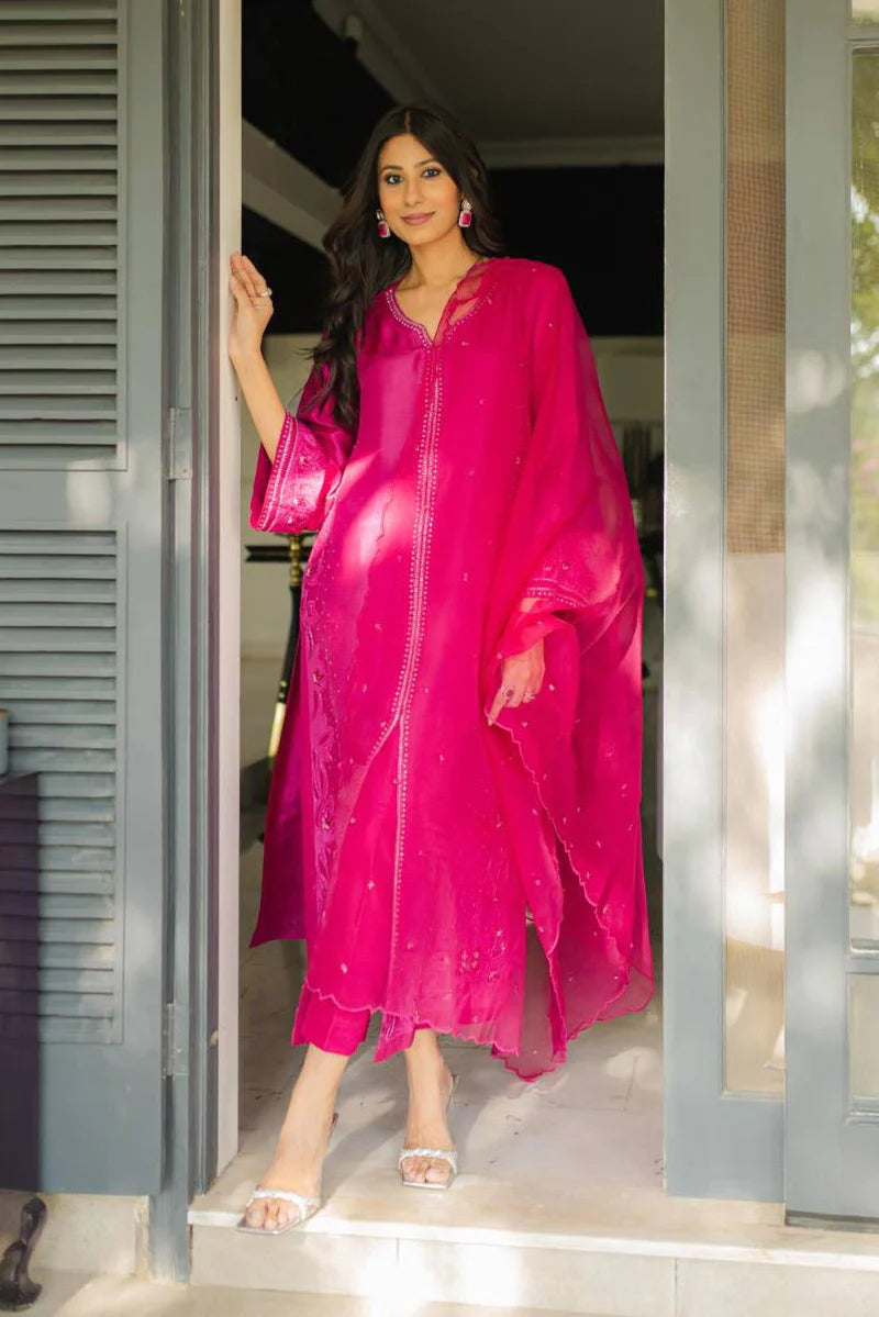 Pakistani Fuchsia Embroidered Pure Raw Silk Kaftan (3-Piece) - Image 1