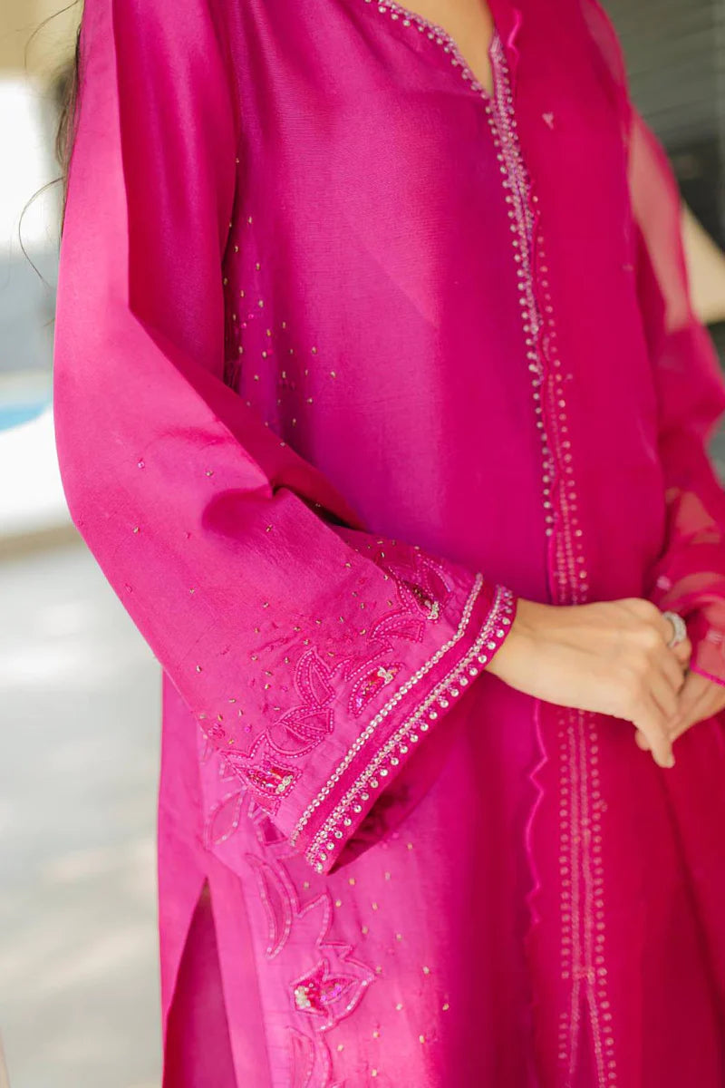Pakistani Fuchsia Embroidered Pure Raw Silk Kaftan (3-Piece) - Image 3