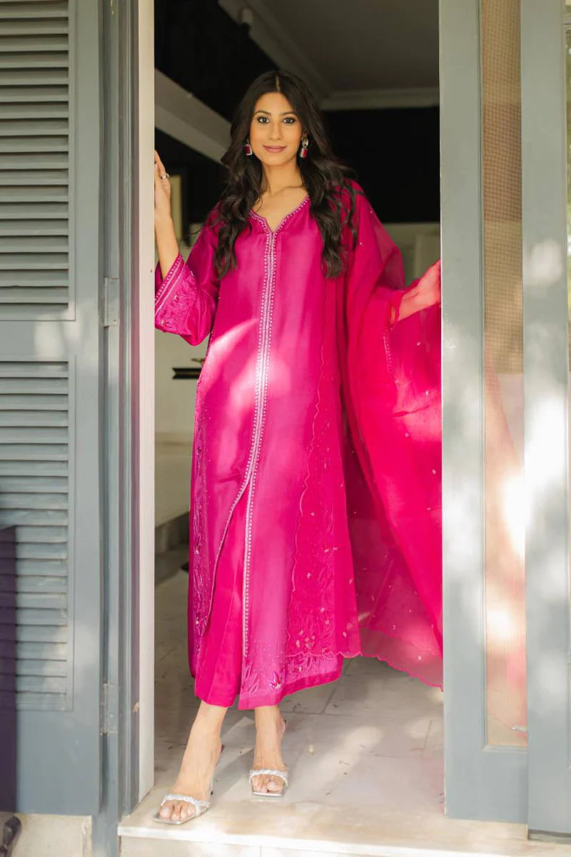 Pakistani Fuchsia Embroidered Pure Raw Silk Kaftan (3-Piece) - Image 4