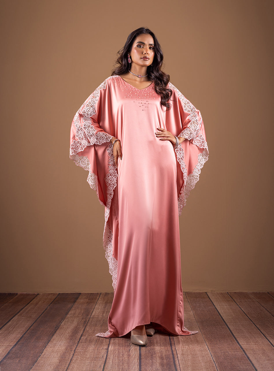 Pakistani Tea Pink Lace Embellished Shamose Silk Kaftan (2-Piece) - Image 1