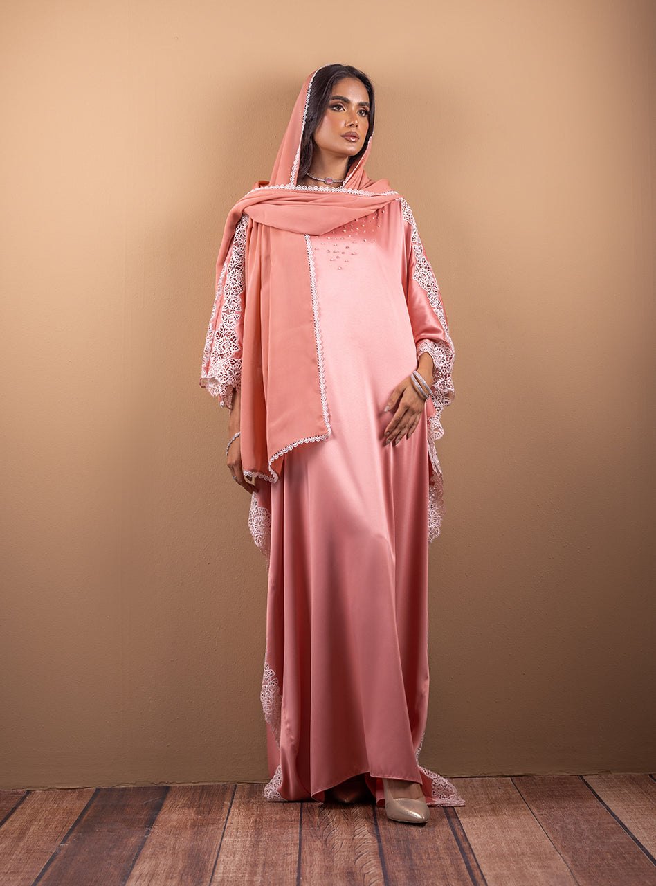 Pakistani Tea Pink Lace Embellished Shamose Silk Kaftan (2-Piece) - Image 2