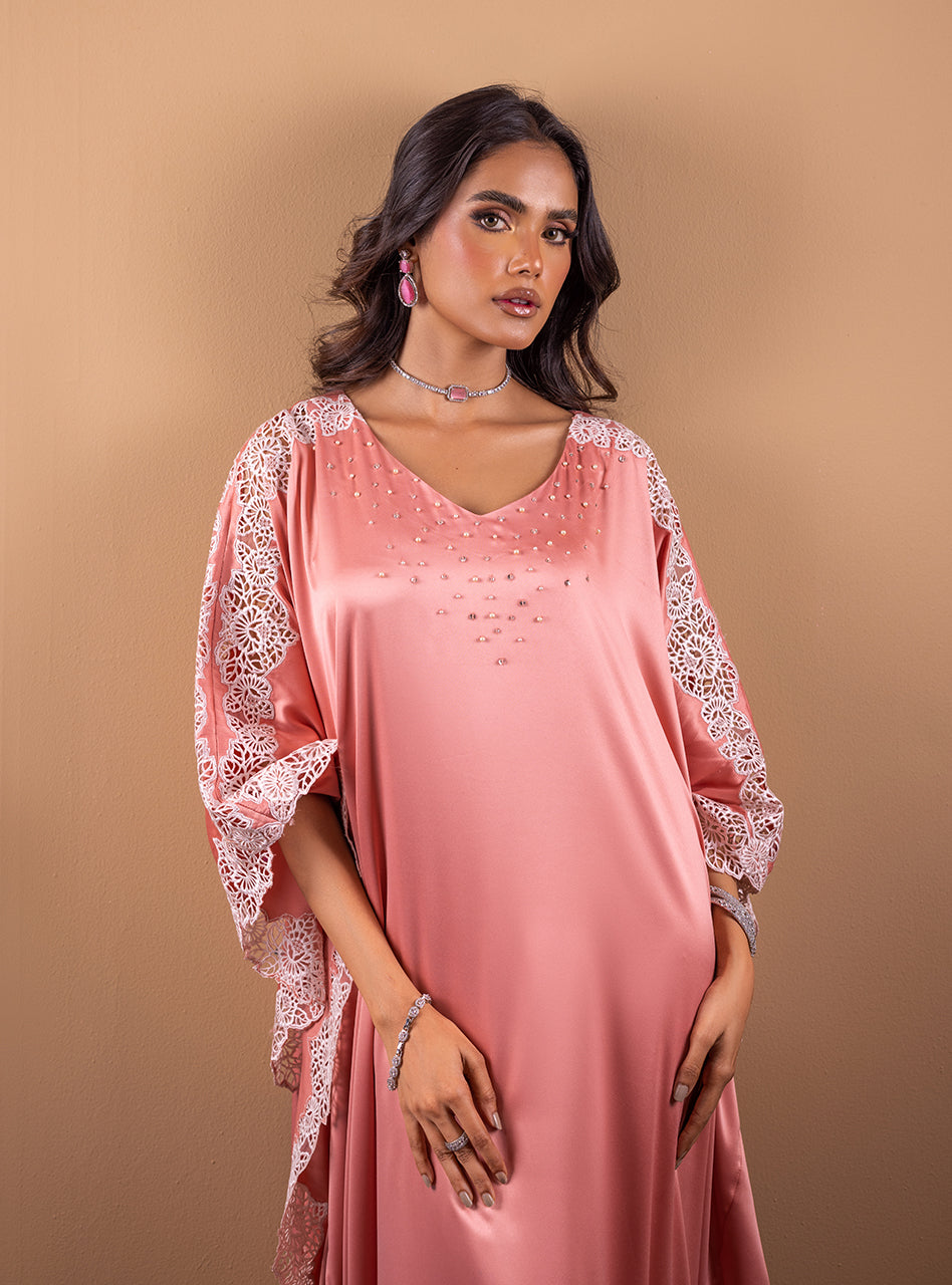 Pakistani Tea Pink Lace Embellished Shamose Silk Kaftan (2-Piece) - Image 3