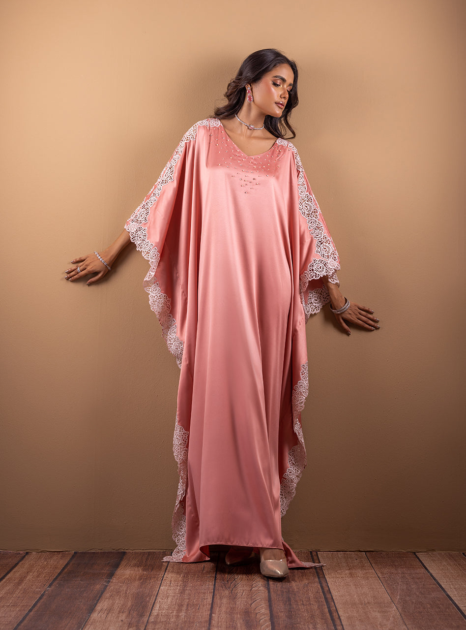 Pakistani Tea Pink Lace Embellished Shamose Silk Kaftan (2-Piece) - Image 5