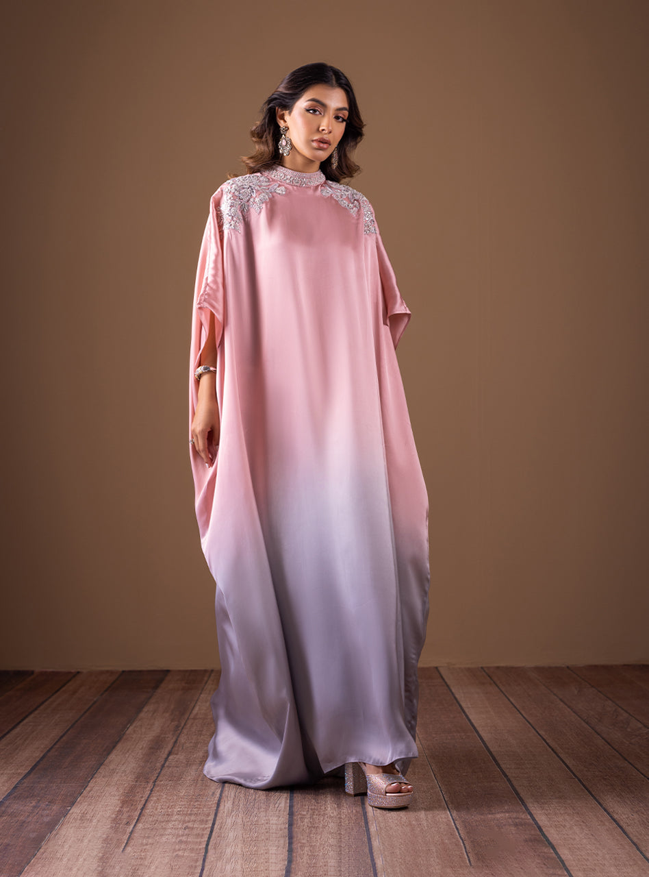 Pakistani Pink and Grey Beaded Shamose Silk Kaftan (1-Pc) - Image 1