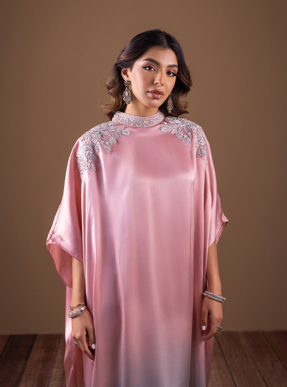 Pakistani Pink and Grey Beaded Shamose Silk Kaftan (1-Pc) - Image 2