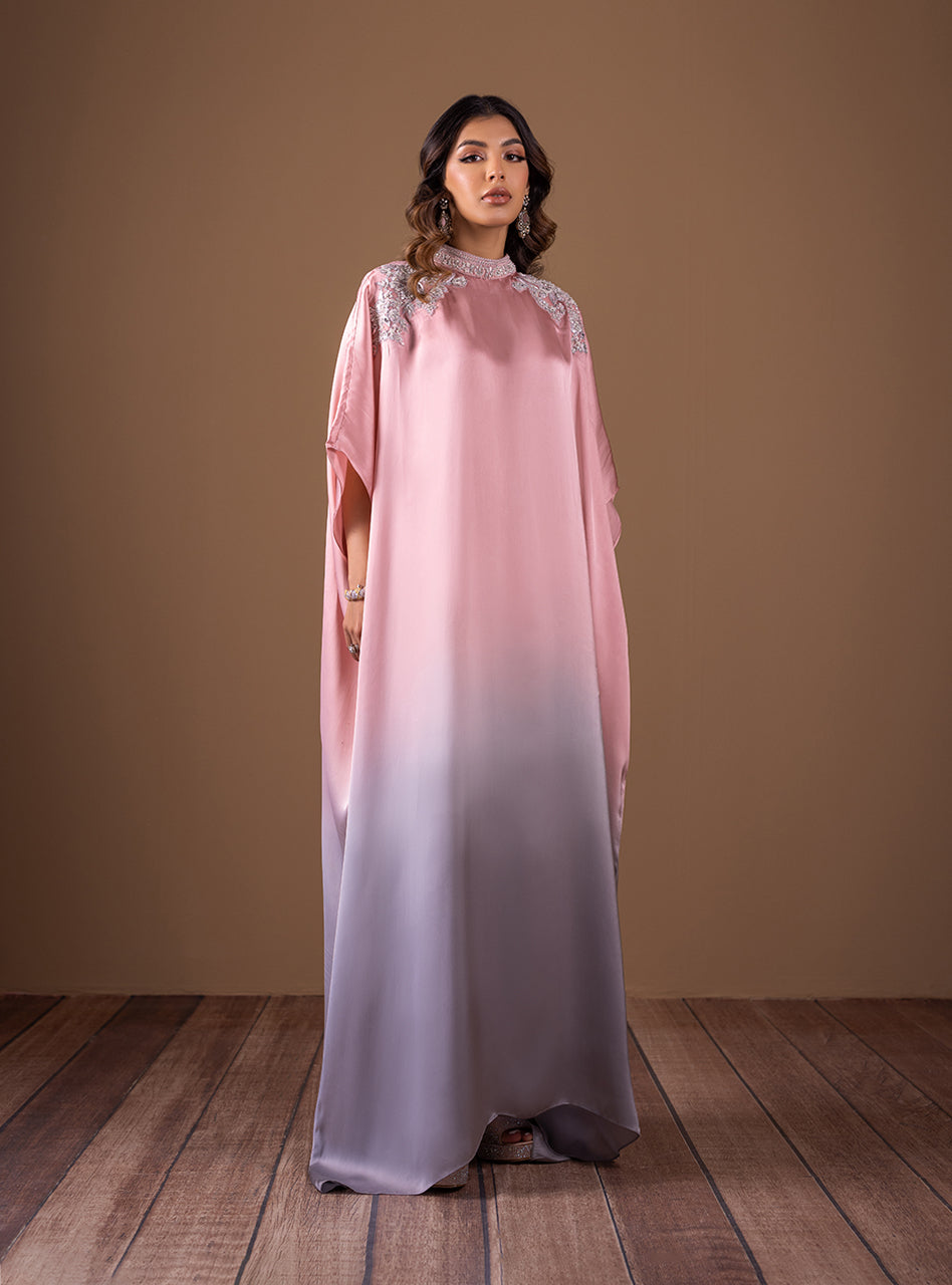Pakistani Pink and Grey Beaded Shamose Silk Kaftan (1-Pc) - Image 4