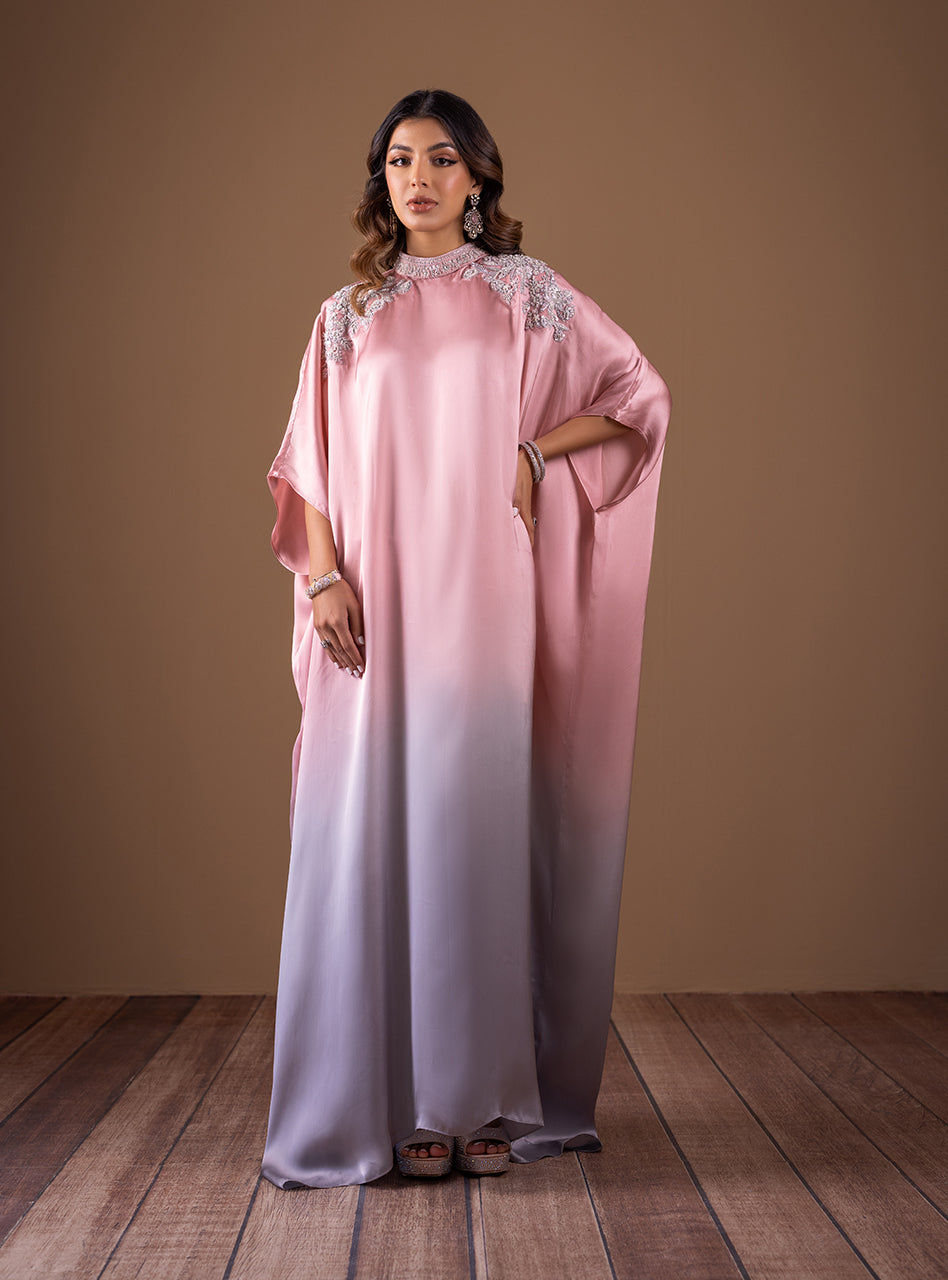 Pakistani Pink and Grey Beaded Shamose Silk Kaftan (1-Pc) - Image 7