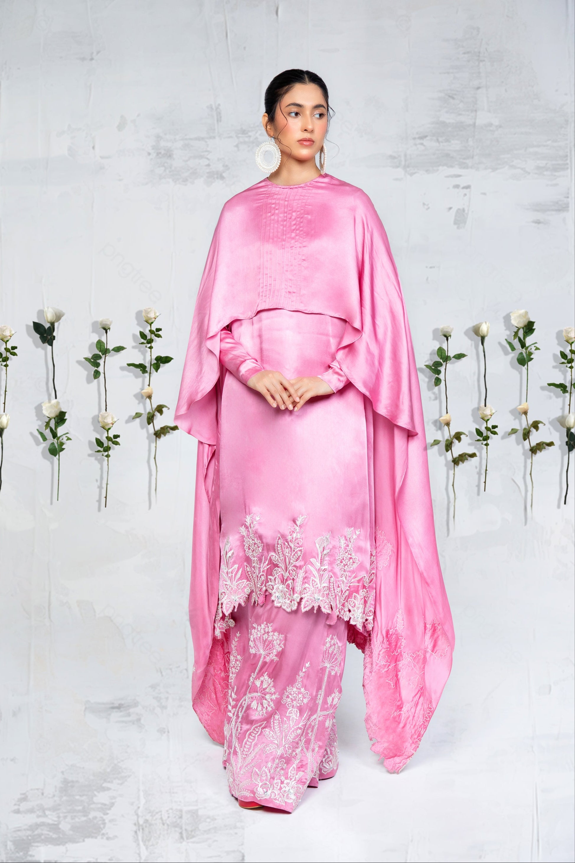 Pakistani Carnation Pink Embroidered Silk Chamois Kaftan (2-Piece) - Image 1