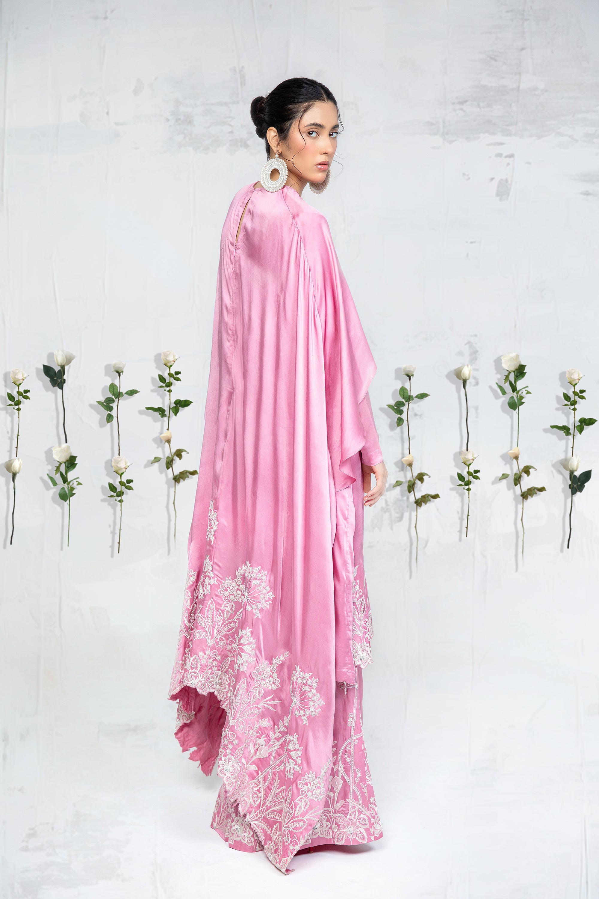 Pakistani Carnation Pink Embroidered Silk Chamois Kaftan (2-Piece) - Image 2